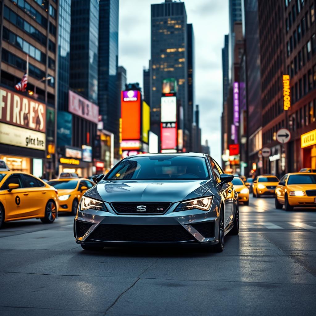 A striking Cupra León in a sleek grey color parked against the vibrant urban backdrop of New York City