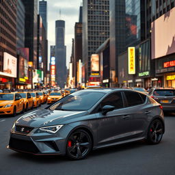 A striking Cupra León in a sleek grey color parked against the vibrant urban backdrop of New York City