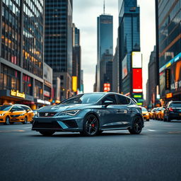 A striking Cupra León in a sleek grey color parked against the vibrant urban backdrop of New York City