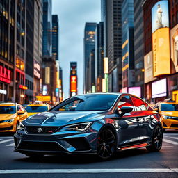 A striking Cupra León in a sleek grey color parked against the vibrant urban backdrop of New York City