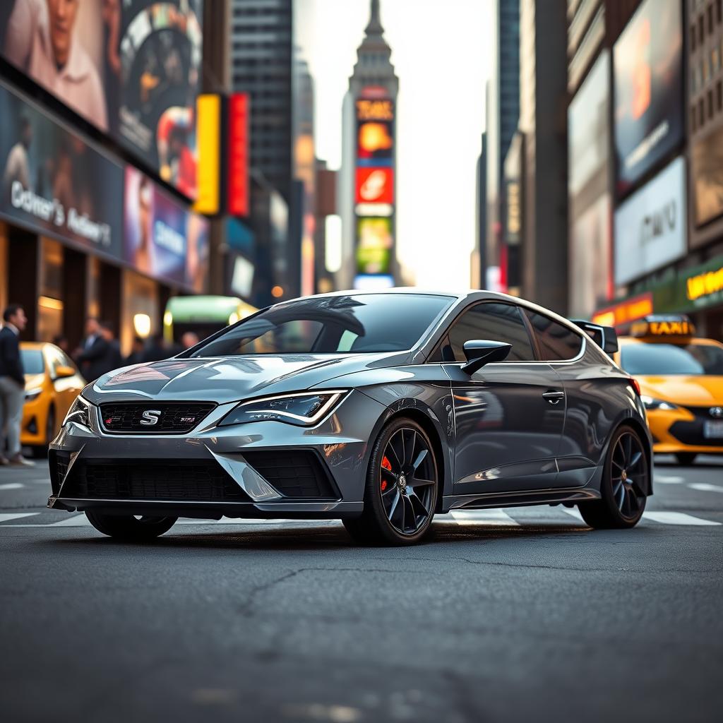 A modern Cupra León MK4 in a sleek grey color, showcased in the heart of New York City