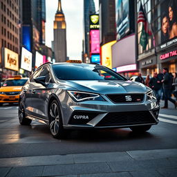 A modern Cupra León MK4 in a sleek grey color, showcased in the heart of New York City