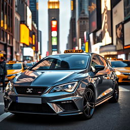 A modern Cupra León MK4 in a sleek grey color, showcased in the heart of New York City