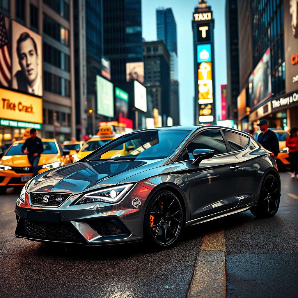 A modern Cupra León MK4 in a sleek grey color, showcased in the heart of New York City