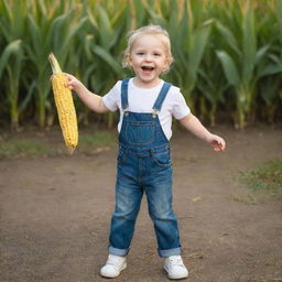 A full-length portrait of a joyous child, gleefully holding out a fresh corn cob, as if trying to offer it to someone.