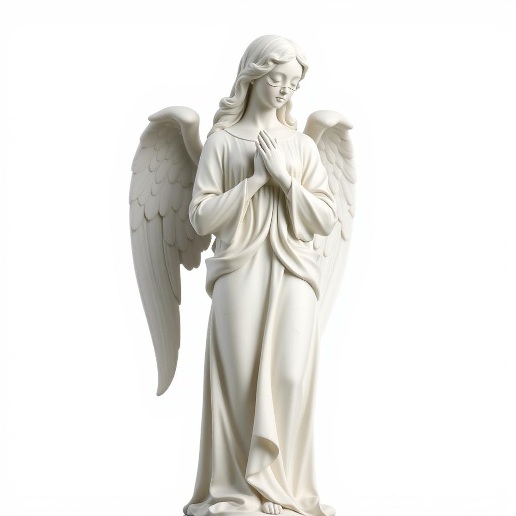 A full view of a majestic standing angel statue set against a clean white background