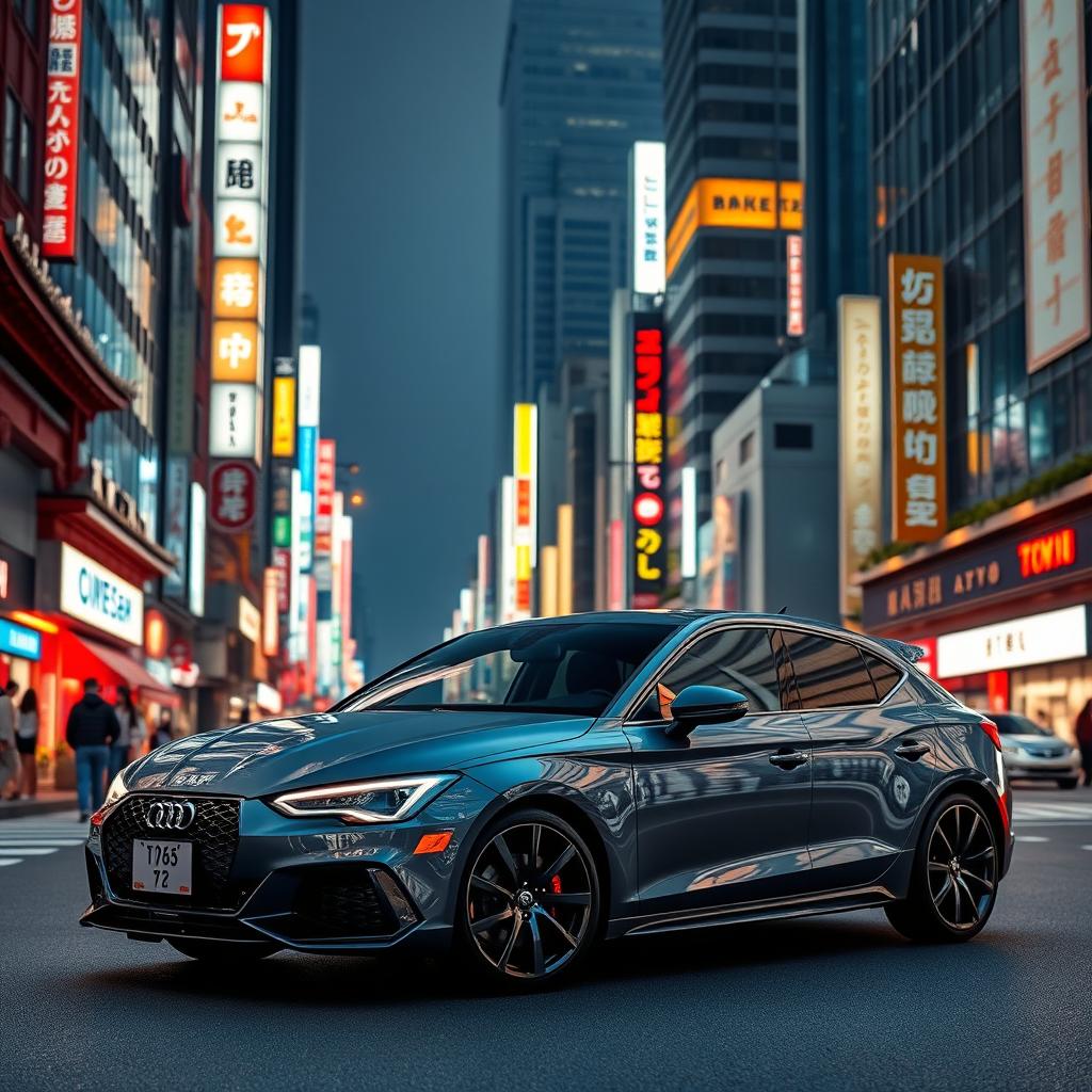 A stunning 2023 Cupra León in Graphene Grey, elegantly displayed against the dazzling backdrop of Tokyo