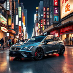 A stunning 2023 Cupra León in Graphene Grey, elegantly displayed against the dazzling backdrop of Tokyo