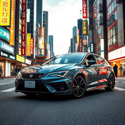 A stunning 2023 Cupra León in Graphene Grey, elegantly displayed against the dazzling backdrop of Tokyo