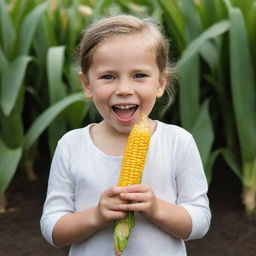 A full-length portrait of a joyous child, gleefully holding out a fresh corn cob, as if trying to offer it to someone.