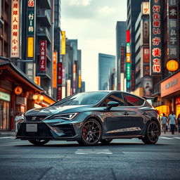 A stunning 2023 Cupra León in Graphene Grey, elegantly displayed against the dazzling backdrop of Tokyo