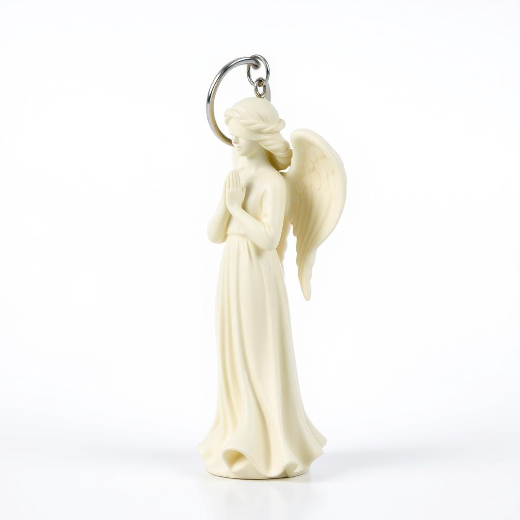 A full view of a standing angel statue designed as a keychain, depicted against a clean white background