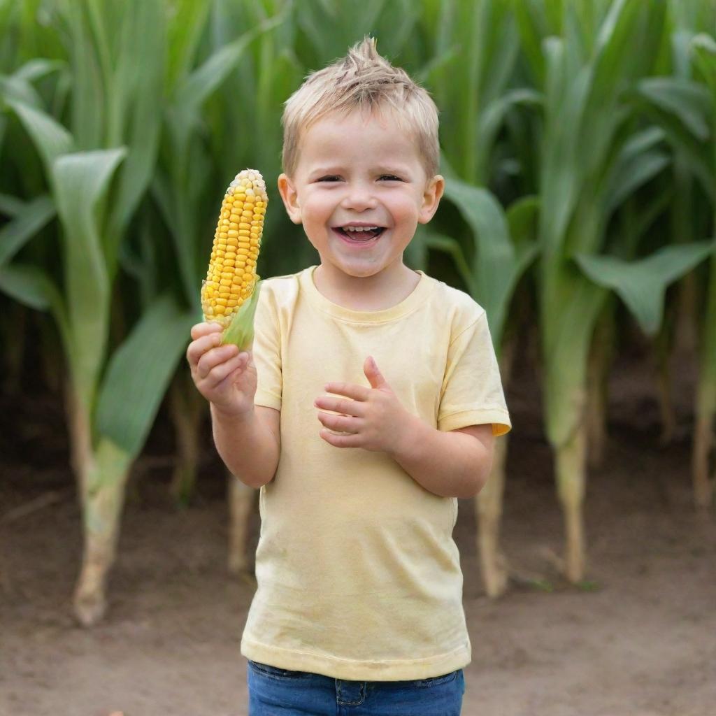 A full-length image of a joyful child holding a fresh corn cob in an outstretched hand, offering it to an unseen someone.