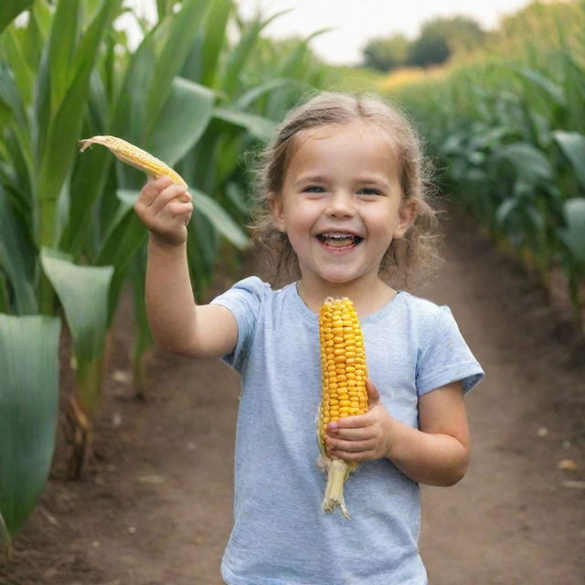 A full-length image of a joyful child holding a fresh corn cob in an outstretched hand, offering it to an unseen someone.