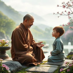 A Zen Buddhist monk engaged in a gentle conversation with a young boy in an inspiring natural setting