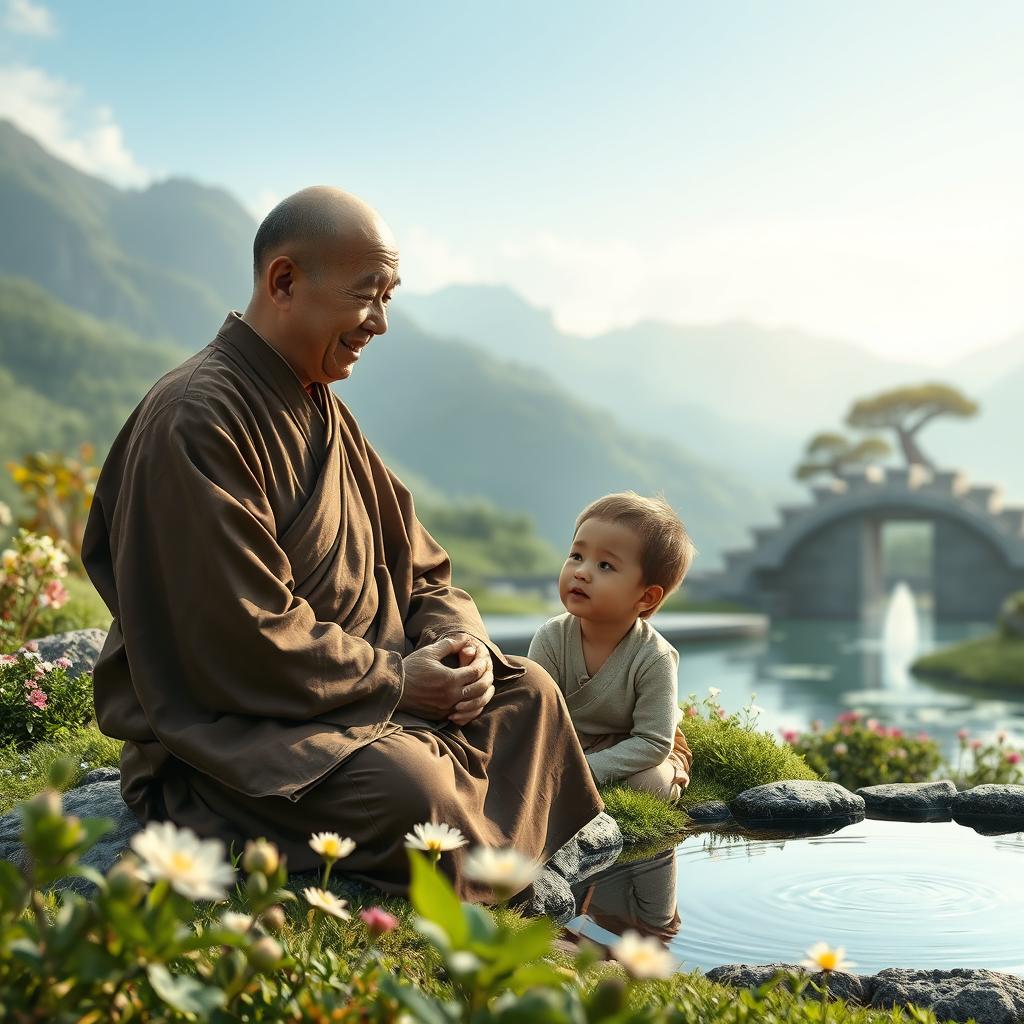 A Zen Buddhist monk engaged in a gentle conversation with a young boy in an inspiring natural setting