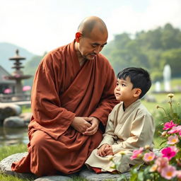 A Zen Buddhist monk engaged in a gentle conversation with a young boy in an inspiring natural setting