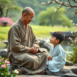 A Zen Buddhist monk engaged in a gentle conversation with a young boy in an inspiring natural setting