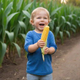 A full-length image of a joyful child holding a fresh corn cob in an outstretched hand, offering it to an unseen someone.