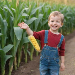 A full-length image of a joyful child holding a fresh corn cob in an outstretched hand, offering it to an unseen someone.