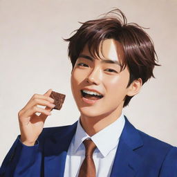 Lively illustration of Shinnosuke Nohara, the vibrant anime character, contentedly savoring a large piece of chocolate, capturing his youthful joy.