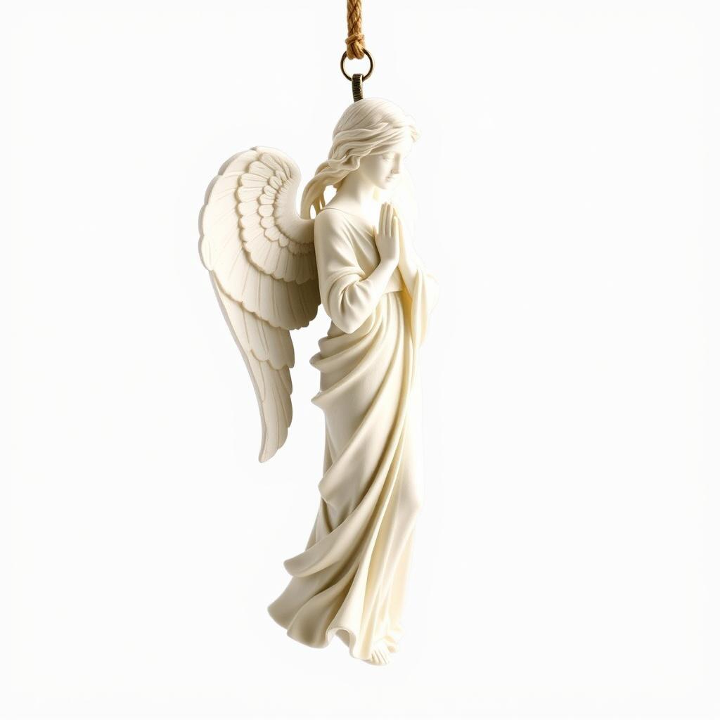 A beautifully detailed full-view sculpture of a standing angel woman statue designed for a key chain