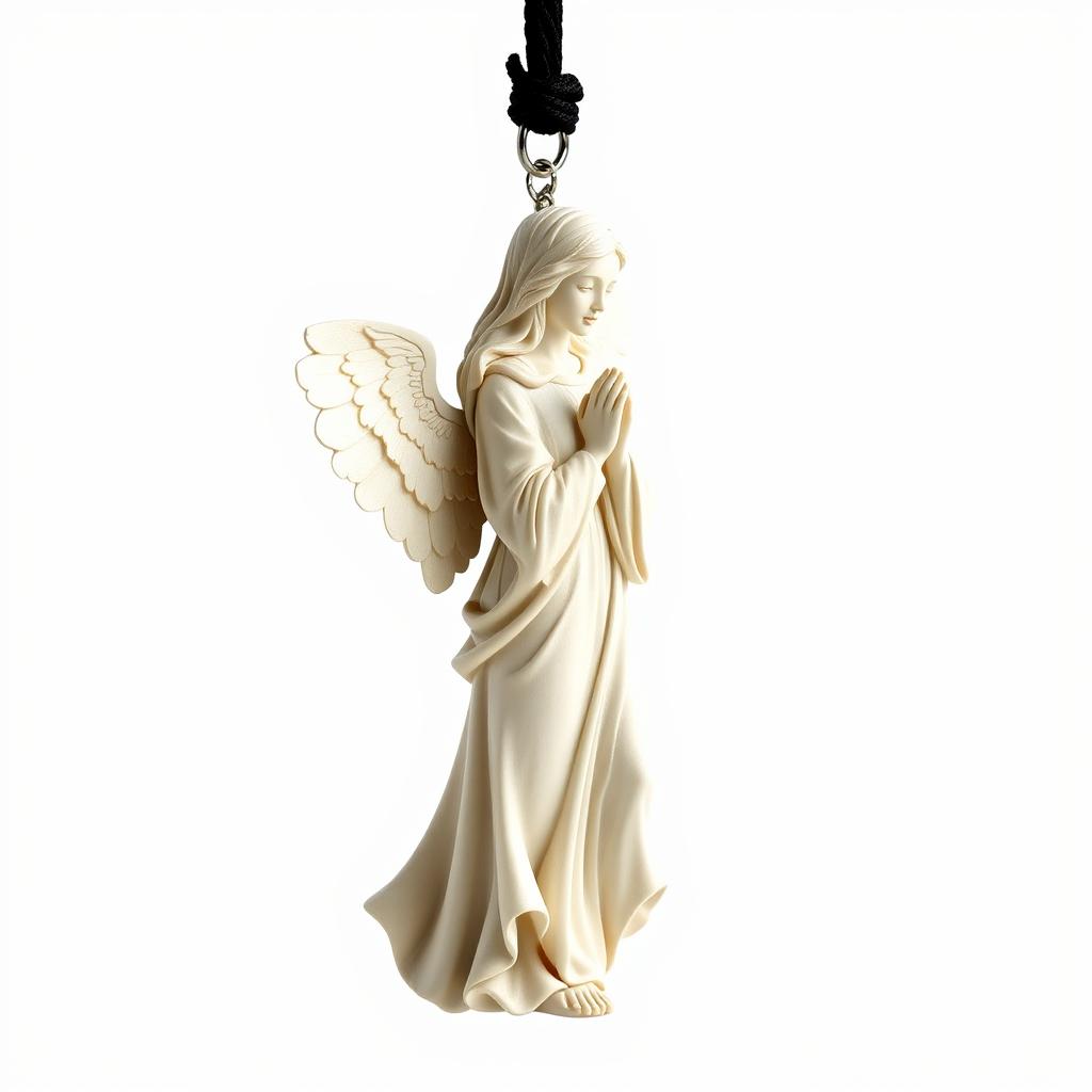 A beautifully detailed full-view sculpture of a standing angel woman statue designed for a key chain