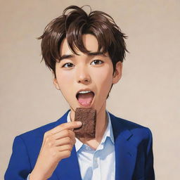 Lively illustration of Shinnosuke Nohara, the vibrant anime character, contentedly savoring a large piece of chocolate, capturing his youthful joy.