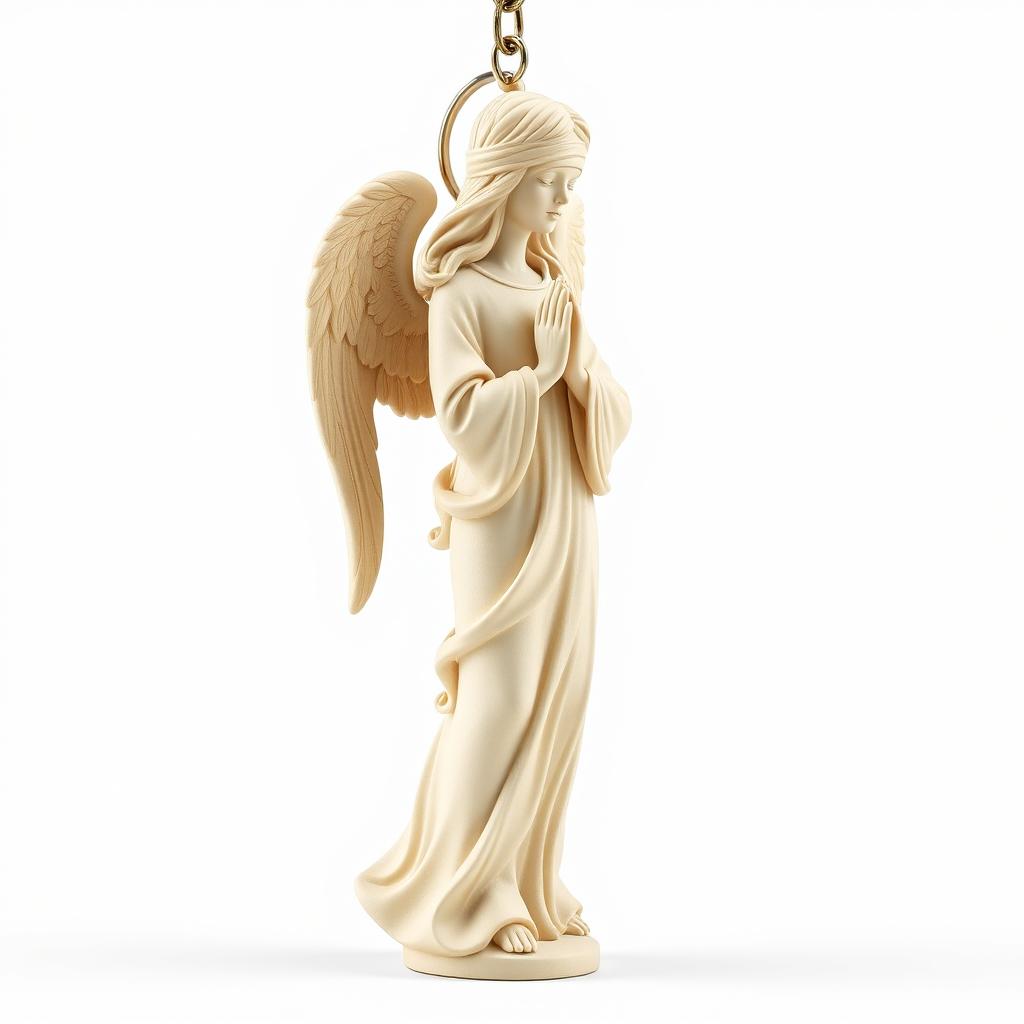 A beautifully detailed full-view sculpture of a standing angel woman statue designed for a key chain