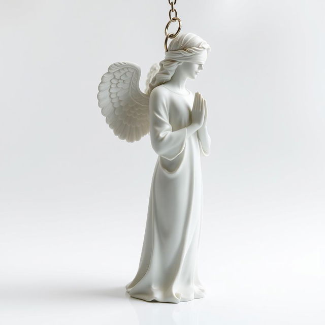 A full view of a standing angel woman statue designed for a key chain, featuring a serene expression and a blindfold covering her eyes