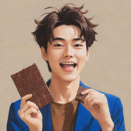 Lively illustration of Shinnosuke Nohara, the vibrant anime character, contentedly savoring a large piece of chocolate, capturing his youthful joy.