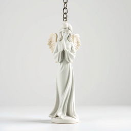 A full view of a standing angel woman statue designed for a key chain, featuring a serene expression and a blindfold covering her eyes