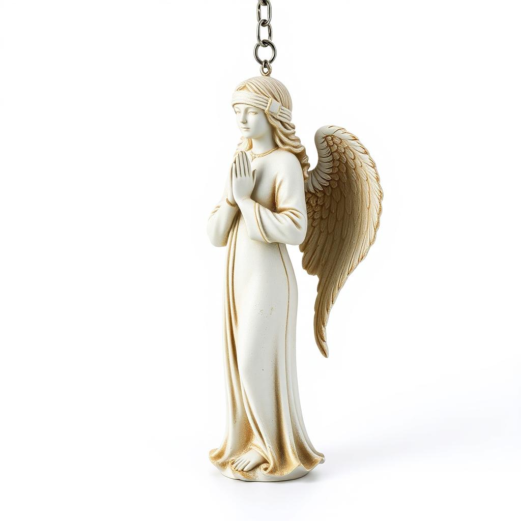 A full view of a standing angel woman statue designed for a key chain, featuring a serene expression and a blindfold covering her eyes