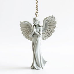 A full view of a standing angel woman statue designed for a key chain, featuring a serene expression and a blindfold covering her eyes