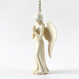 A full view of a standing angel woman statue designed for a key chain, featuring a serene expression and a blindfold covering her eyes