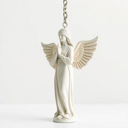 A full view of a standing angel woman statue designed for a key chain, featuring a serene expression and a blindfold covering her eyes