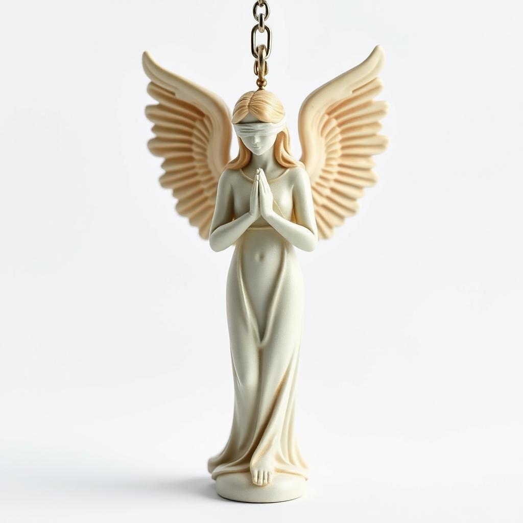 A full view of a standing angel woman statue designed for a key chain, featuring a blindfold over her eyes, embodying a peaceful demeanor