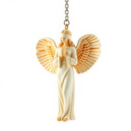 A full view of a standing angel woman statue designed for a key chain, featuring a blindfold over her eyes, embodying a peaceful demeanor