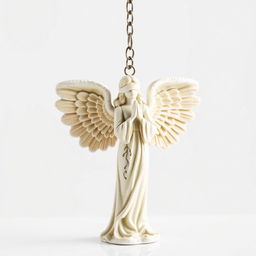 A full view of a standing angel woman statue designed for a key chain, featuring a blindfold over her eyes, embodying a peaceful demeanor