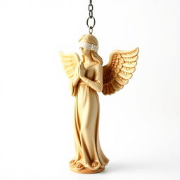 A full view of a standing angel woman statue designed for a key chain, featuring a blindfold over her eyes, embodying a peaceful demeanor