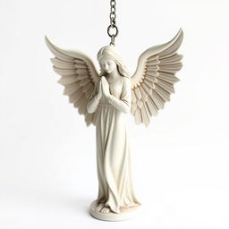 A full view of a standing angel woman statue designed for a key chain, featuring a graceful appearance with a blindfold over her eyes