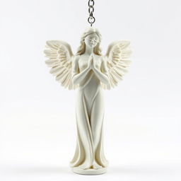 A full view of a standing angel woman statue designed for a key chain, featuring a graceful appearance with a blindfold over her eyes