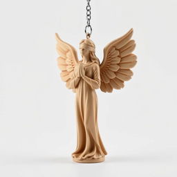 A full view of a standing angel woman statue designed for a key chain, featuring a graceful appearance with a blindfold over her eyes