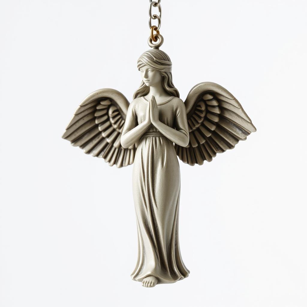 A full view of a standing angel woman statue designed for a key chain