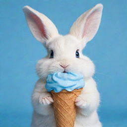 A lovable, fluffy bunny with bright blue eyes and chubby cheeks, adorably munching on an ice cream cone.