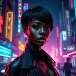 An epic scene featuring a stunningly beautiful ebony female character with short hair, inspired by the Blade Runner universe