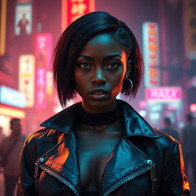 An epic scene featuring a stunningly beautiful ebony female character with short hair, inspired by the Blade Runner universe