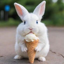 A lovable, fluffy bunny with bright blue eyes and chubby cheeks, adorably munching on an ice cream cone.