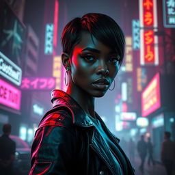 An epic scene featuring a stunningly beautiful ebony female character with short hair, inspired by the Blade Runner universe