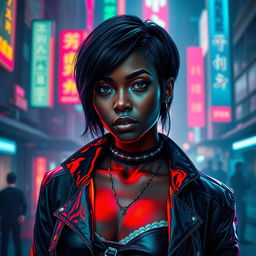 An epic scene featuring a stunningly beautiful ebony female character with short hair, inspired by the Blade Runner universe